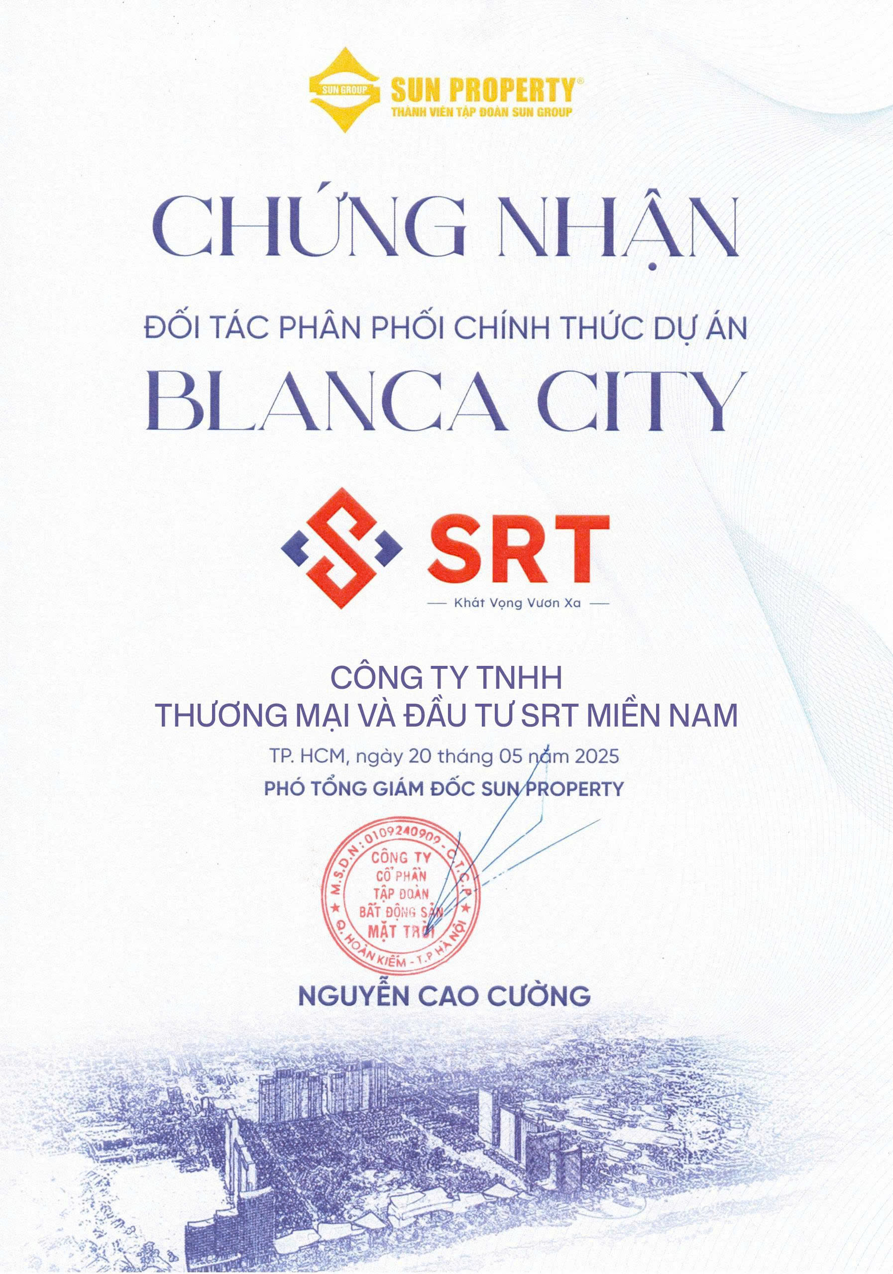 Chung Nhan Doi Tac Phan Phoi Chinh Thuc Du An Blanca City Cong Ty TNHH Thuong Mai Va Dau Tu SRT Mien Nam
