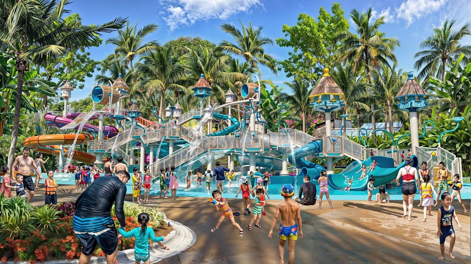 Du khách có thể tận hưởng trải nghiệm ban ngày và ban đêm tại Công viên nước Vũng Tàu.